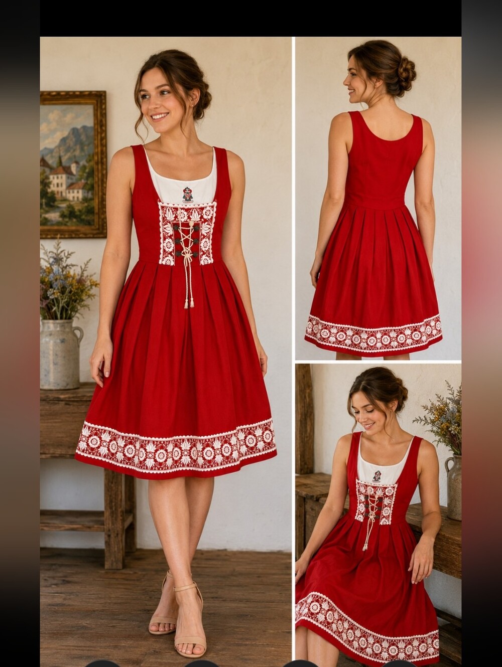 Vintage Salzburger Trachten Austrian Dirndl Dress | Red Embroidered Folk Dress |